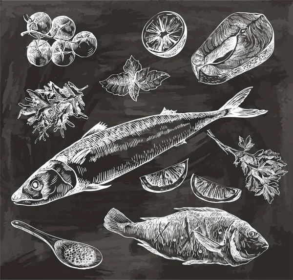 Naturliga fisk och skaldjur. Ingredienser och kryddor för tillagning av fisk — Stock vektor