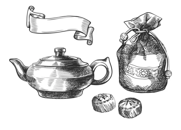 Thé pu-erh. jeu de croquis vectoriels — Image vectorielle