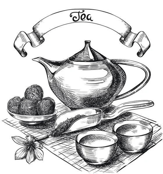 Té pu-erh. conjunto de bocetos vectoriales — Vector de stock