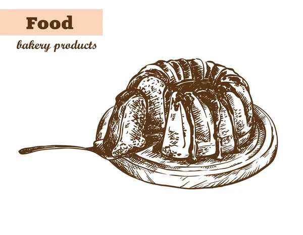 Fruitcake met jam. zelfgemaakte bakken. bakkerijproducten. vector schets op wit — Stockvector