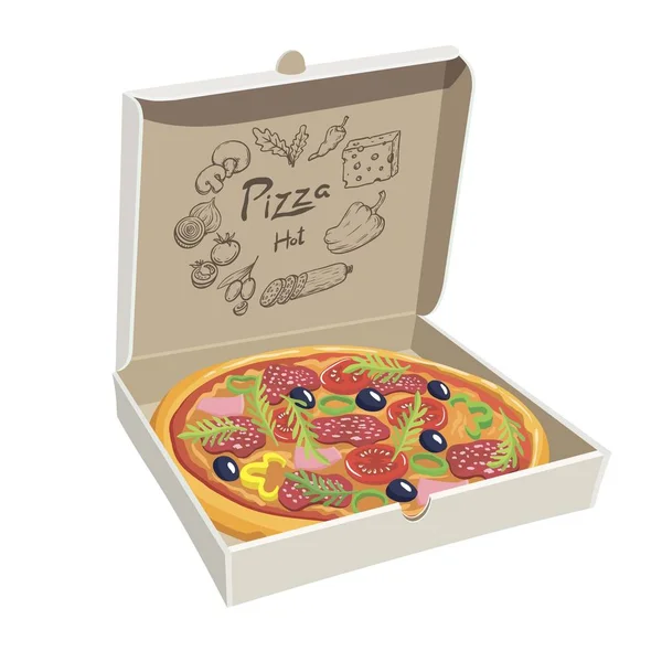 Pizza aux champignons, tomates et olives dans une boîte — Image vectorielle