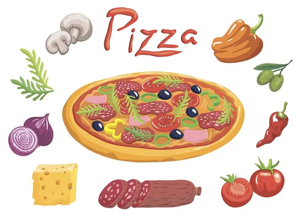 Pizza italienne appétissante et ingrédients pour sa préparation — Image vectorielle
