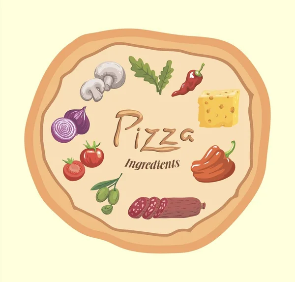 Géneros alimentícios Ingredientes para pizza. Ilustração vetorial colorida em bege — Vetor de Stock