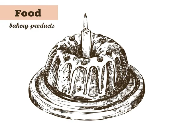 Pastel de vacaciones con esmalte y bayas. hornear en casa. productos de panadería. croquis vectorial en blanco — Archivo Imágenes Vectoriales