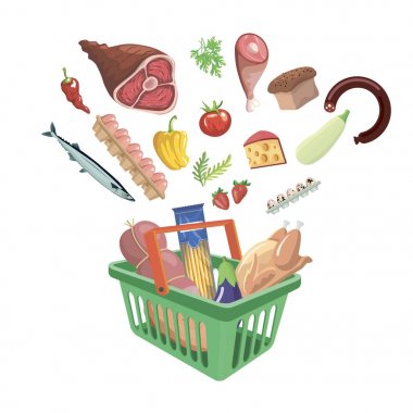 Beyaz arka plan üzerinde gıda ile plastik alışveriş sepeti