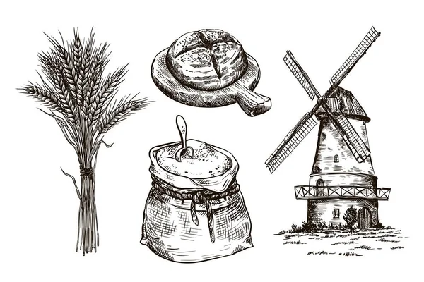 Zak met meel, windmolen en verse bakkerijproducten. zelfgemaakte bakken. bakkerijproducten. vector schetsen op wit — Stockvector