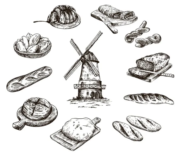 Molino de viento y productos frescos de panadería. hornear en casa. productos de panadería. croquis vectorial en blanco — Archivo Imágenes Vectoriales