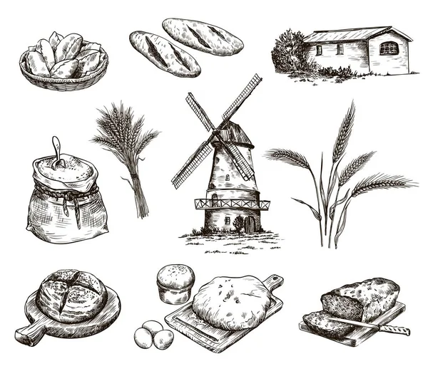 Molino de viento y productos frescos de panadería. hornear en casa. productos de panadería. croquis vectorial en blanco — Archivo Imágenes Vectoriales