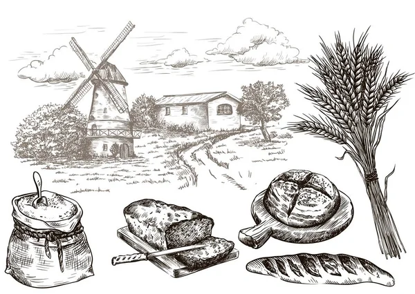 Moulin à vent et produits de boulangerie frais. cuisson maison. produits de boulangerie. croquis vectoriel sur blanc — Image vectorielle