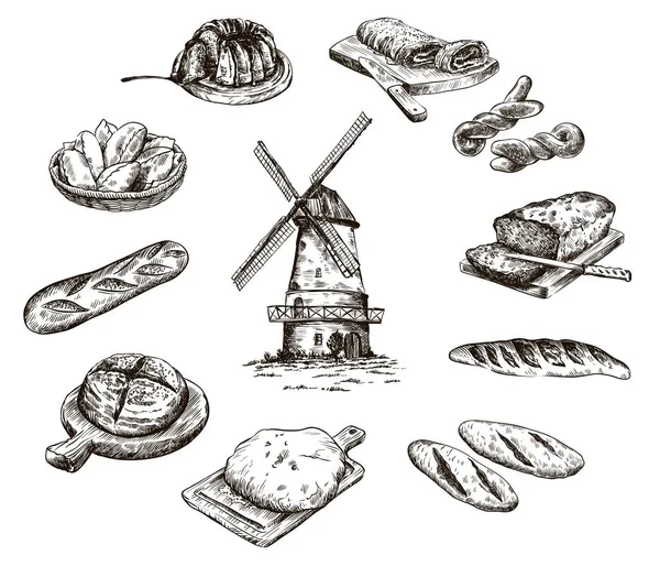 Molen en verse bakkerijproducten. zelfgemaakte bakken. bakkerijproducten. vector schets op wit — Stockvector