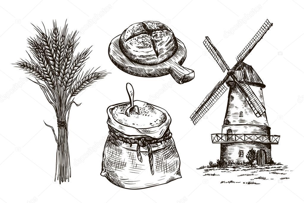 sack of flour, windmill and fresh bakery products. homemade baking. bakery products. vector sketches on white