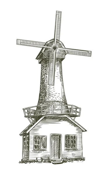 Viejo molino de viento. croquis vectorial en blanco — Archivo Imágenes Vectoriales