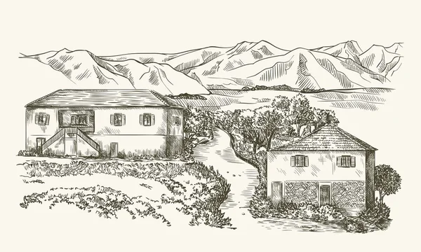 Maisons de village et terres agricoles — Image vectorielle