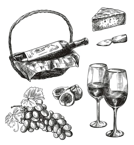 Бутылка красного вина и закуски. набор векторных эскизов на белом — стоковый вектор