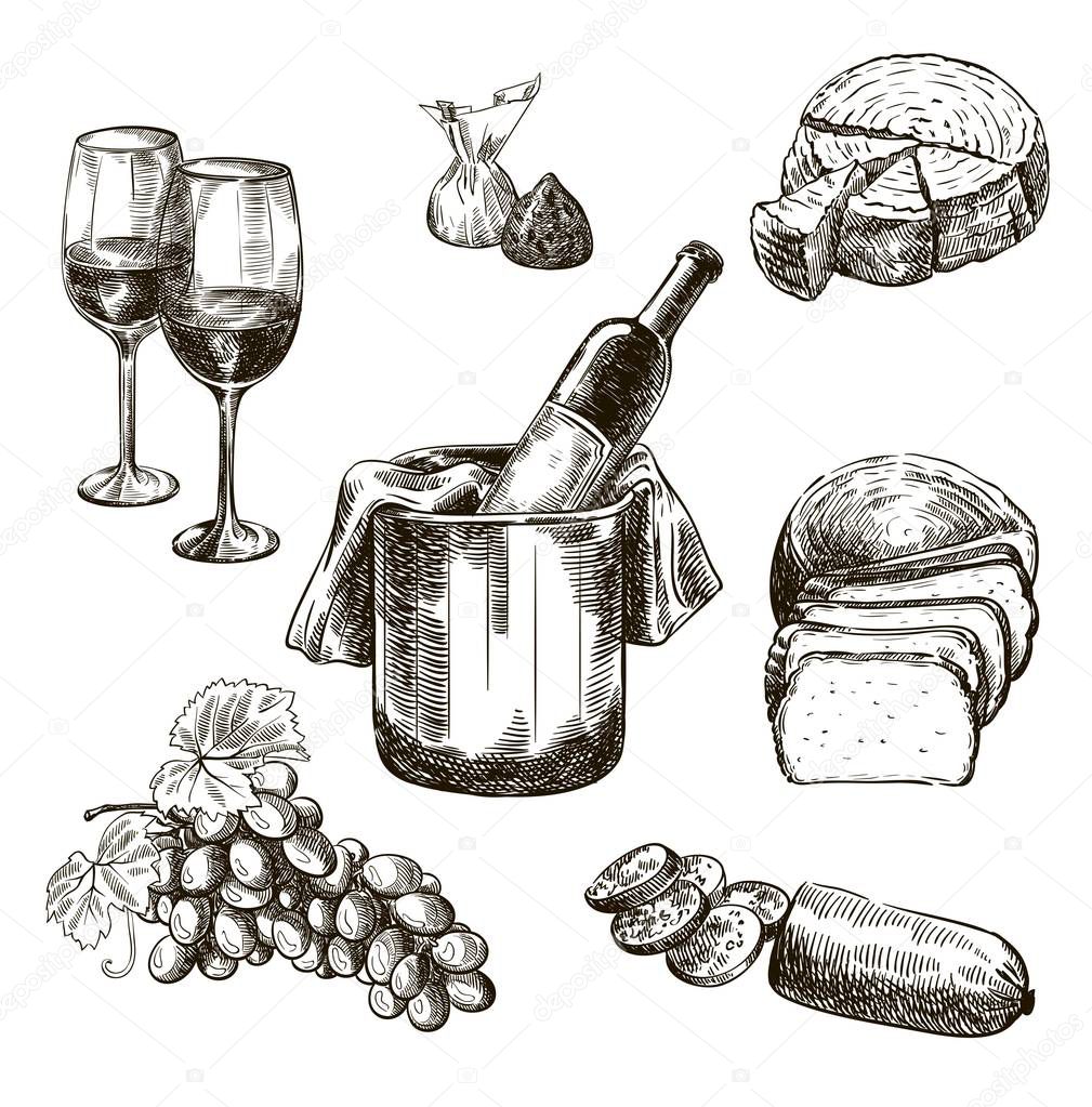 red wine bottle and snacks. set of vector sketches on white