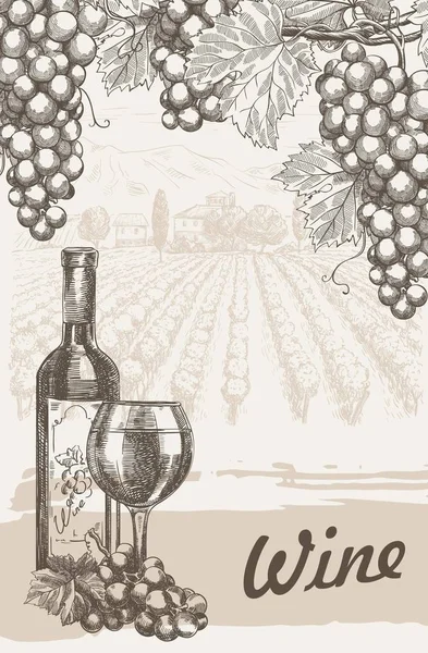 Виноробство. Пляшка червоного вина і купа винограду на фоні винограднику — стоковий вектор