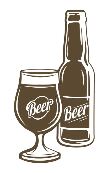 Бутылку и полный бокал пива. крафтовое пиво — стоковый вектор