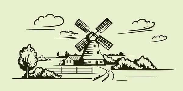 Windmolen, Dorpshuizen en landbouwgrond — Stockvector