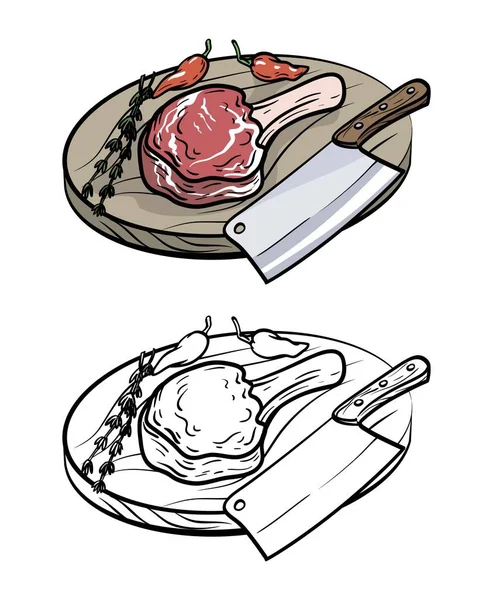 Carne em osso, faca e especiarias. ilustração vetorial em branco —  Vetores de Stock