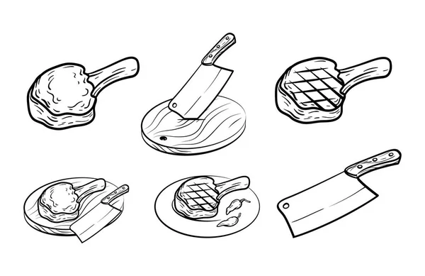 Vlees op het bot, mes en specerijen. verzameling van vector tekeningen op wit — Stockvector