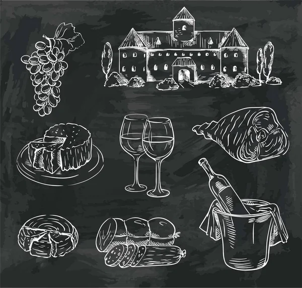 Winemaking. set of vector sketches on black — Stock Vector