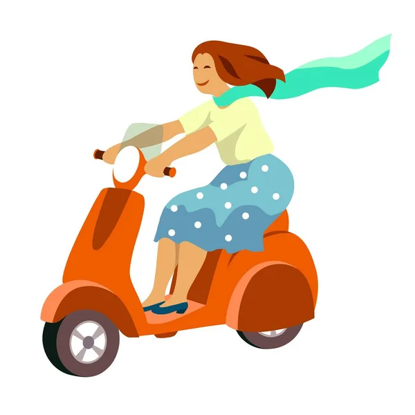 Happy girl riding a scooter. color illustration on a white — Stock Vector