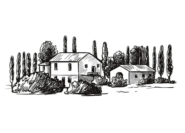 村庄的房屋和农田。 用手绘在黑色背景上的草图 — 图库矢量图片