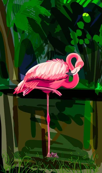 Anmutig steht der rosa Flamingo auf einem Bein — Stockvektor