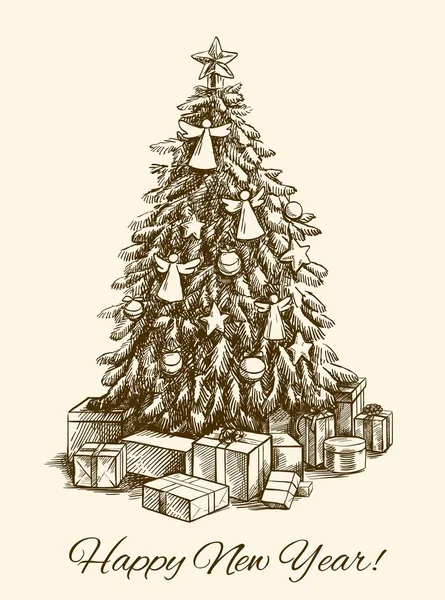 Albero di Natale decorato con giocattoli. Biglietto di Capodanno. illustrazione vettoriale su un grigio — Vettoriale Stock