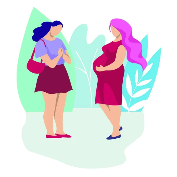 İki hamile kız ayakta ve konuşuyorlar. beyaz üzerine düz renk illüstrasyonu — Stok Vektör
