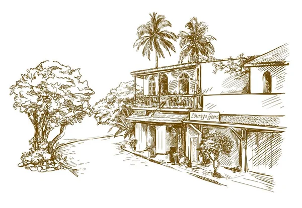 Tatil köyünde küçük bir otel. El yazması çizim — Stok Vektör