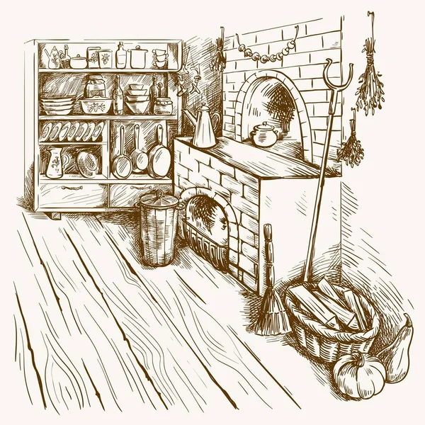 Кухня в сільському будинку з класичною російською плитою. — стоковий вектор