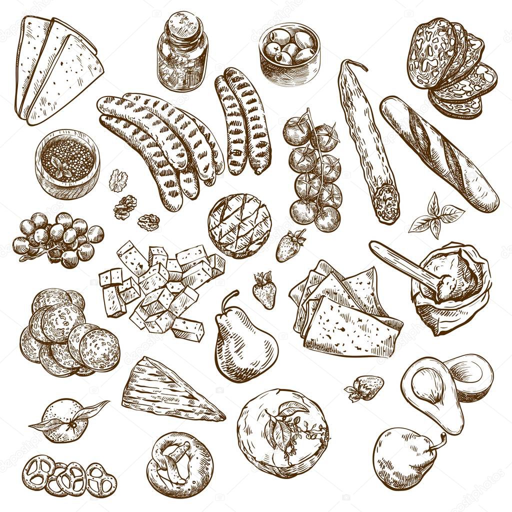 natural products. set of vector sketches on a white