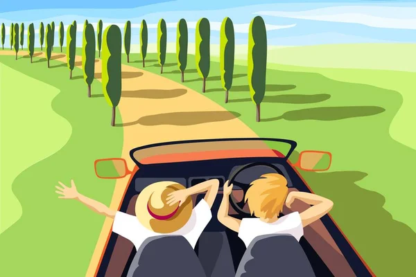 Voyage en voiture à toit ouvert. illustration vectorielle couleur — Image vectorielle