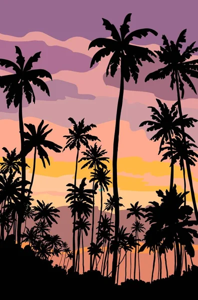 Silhouettes de palmiers. coucher de soleil sur une île tropicale — Image vectorielle