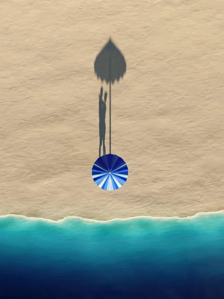 一对情侣躲在海边的雨伞下 — 图库照片
