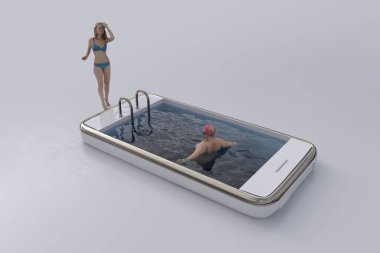 Kadınlar havuzda akıllı telefon ekranında yıkanır.