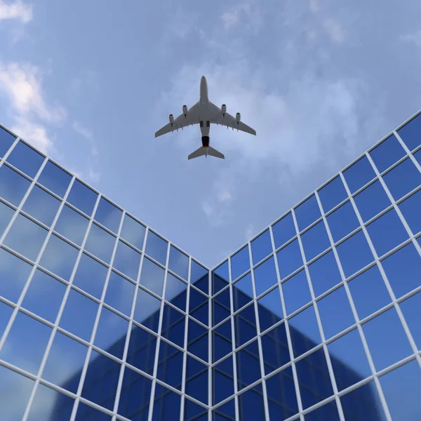Vliegtuig Vliegt Toppen Van Wolkenkrabbers — Stockfoto