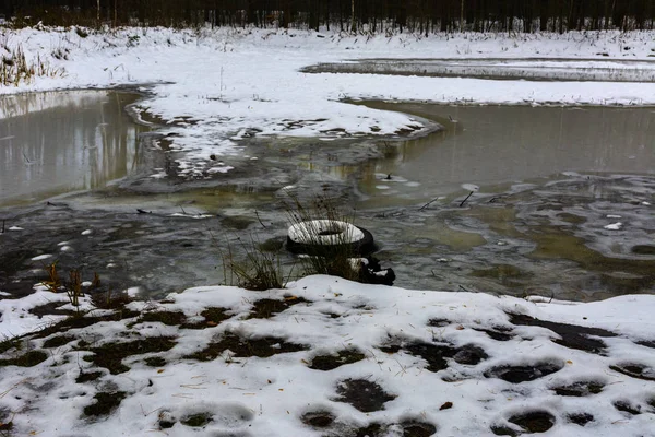 Lac forestier dans la glace fondue et le sentier dans la forêt d'hiver — Photo