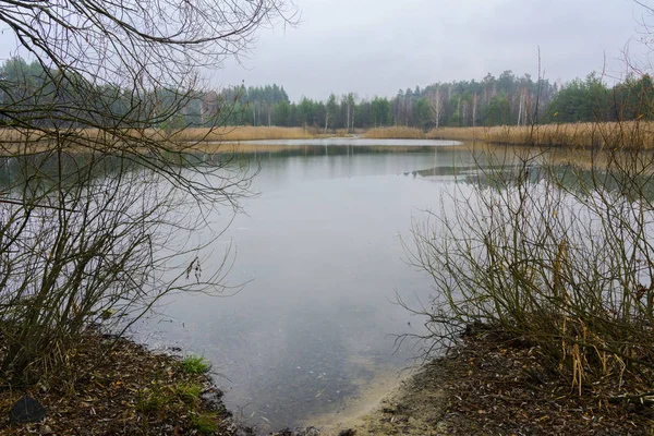 Un petit lac près de la maison privée en bois — Photo