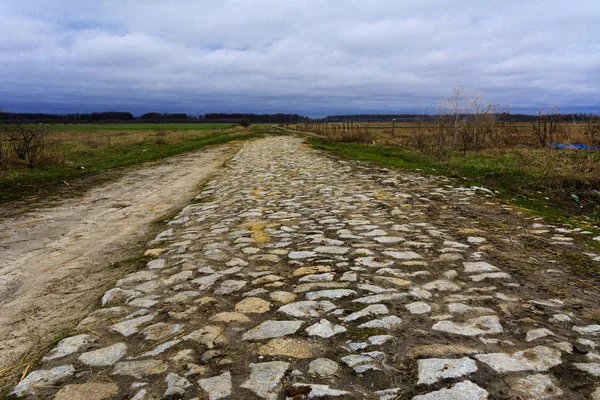 Carretera muy antigua desde las adoquines del pueblo hasta el fie —  Fotos de Stock