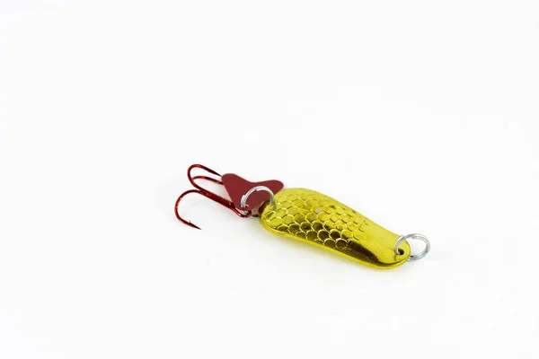 Exhibition of pirated copies of fishing metal spoon baits. Bait — Stock Photo, Image