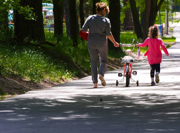 Dabushka ve torunu şehir parkta Bisiklete binmek. 