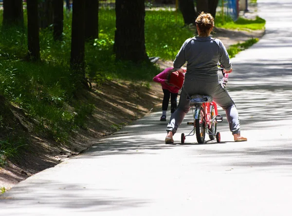 Dabushka ve torunu şehir parkta Bisiklete binmek. 