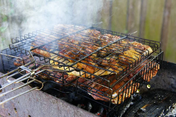 Shish kebab appétissant cuit sur les charbons des arbres fruitiers. Augus — Photo