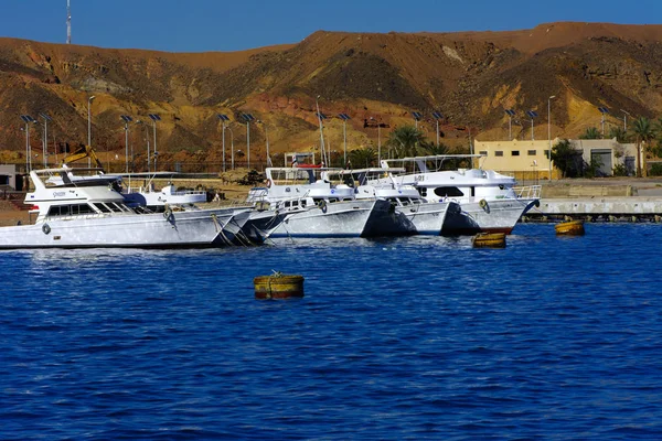 Sharm el-Sheikh, Mısır - 14 Mart 2018 lüks bembeyaz motor yat Kızıldeniz mavi karşı Bay sky eski mercan resifleri benzersiz Ras Mohammed doğa rezerv