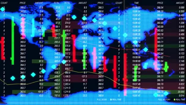 Mercado de valores de divisas cuadro de ticker board y mapa holográfico de la tierra en el fondo - nueva calidad financiera negocio animado vídeo de movimiento dinámico — Vídeo de stock