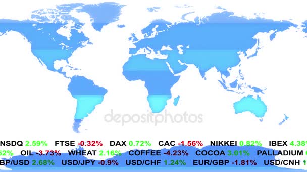 Linea di notizie ticker mercato azionario forex e mappa olografica terra sullo sfondo - nuovo business finanziario di qualità animato filmati dinamici movimento — Video Stock