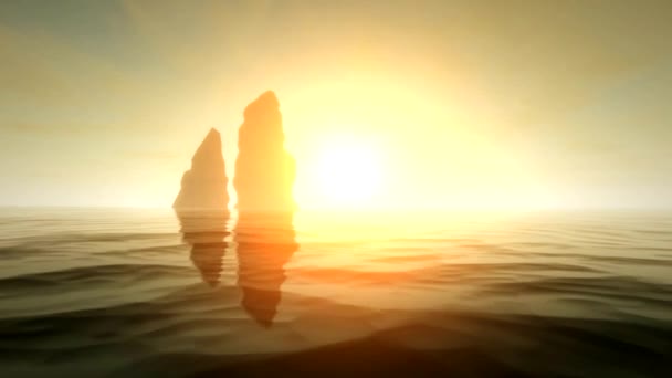 Dos rocas de mar de montaña al atardecer en 3d - nueva calidad de la naturaleza vista panorámica fresco video metraje — Vídeos de Stock