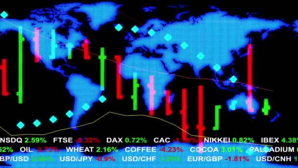 새로운 품질 금융 비즈니스 동적 모션 영상 애니메이션 외환 주식 시장 차트 시세 보드 및 배경-홀로그램 지구 지도 — 비디오